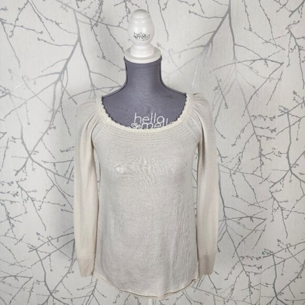 b+ab Vintage Ivory 100% Wool Knit Round Neck Scallop Long Sleeve Top